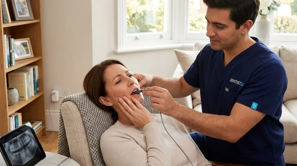 A male dental professional wearing navy blue scrubs with the "DENTIST2U" logo performing an in-home dental X-ray on a female patient. The dentist holds a digital sensor in the patient's mouth while she sits comfortably in a domestic living room setting, with a tablet displaying dental X-rays nearby.
