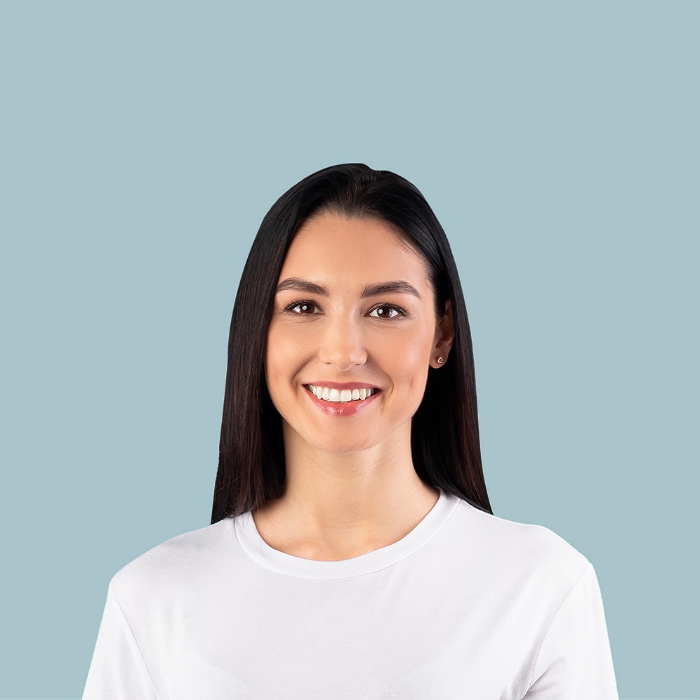 Collage of millennial people portraits with smiling faces, blue backgrounds