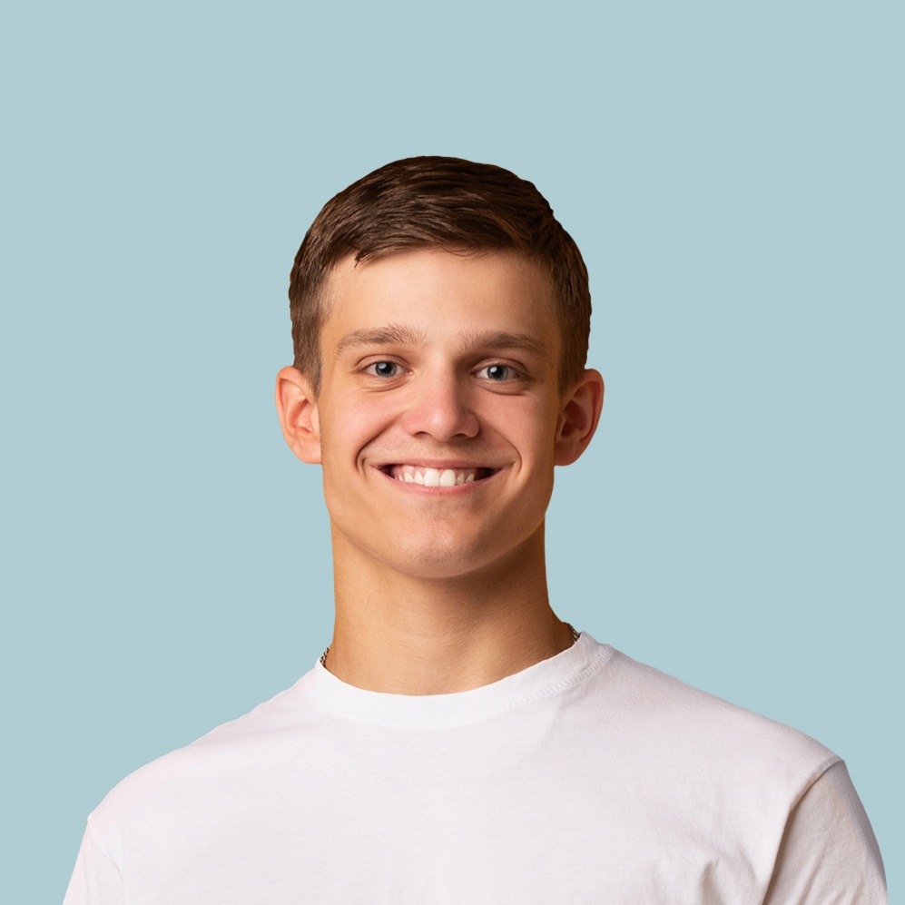 Collage of millennial people portraits with smiling faces, blue backgrounds