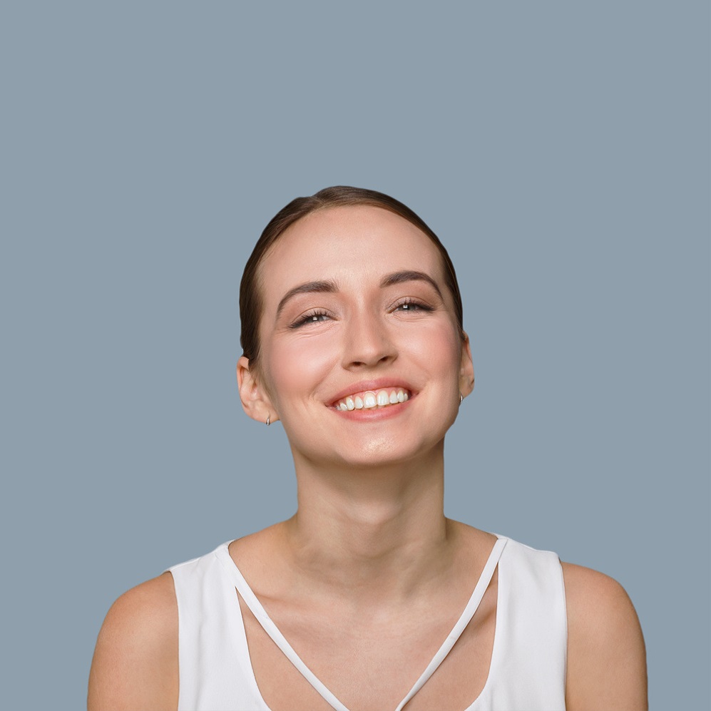 Collage of millennial people portraits with smiling faces, blue backgrounds